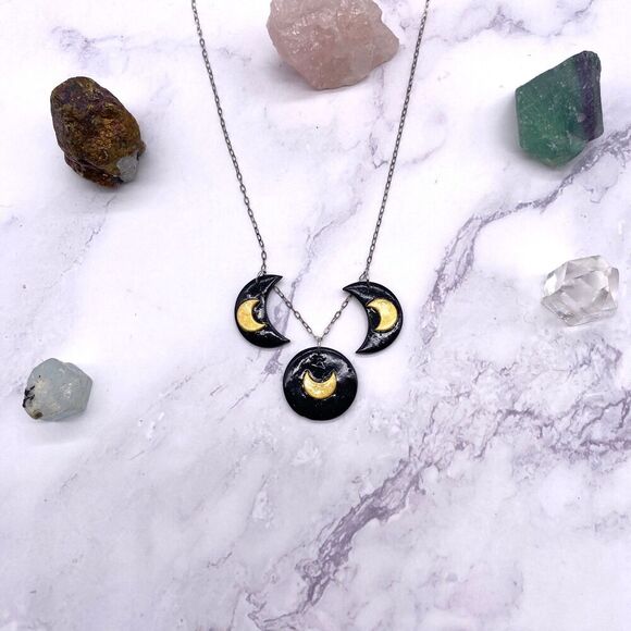 Black and Gold Moon Phase Celestial Sterling Silver Necklace - Picture 7 of 9